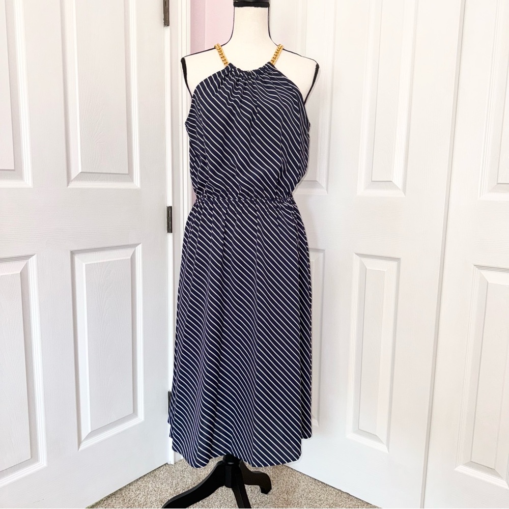 Michael Michael Kors blue & white striped nautical vneck midi dress, sz Small
